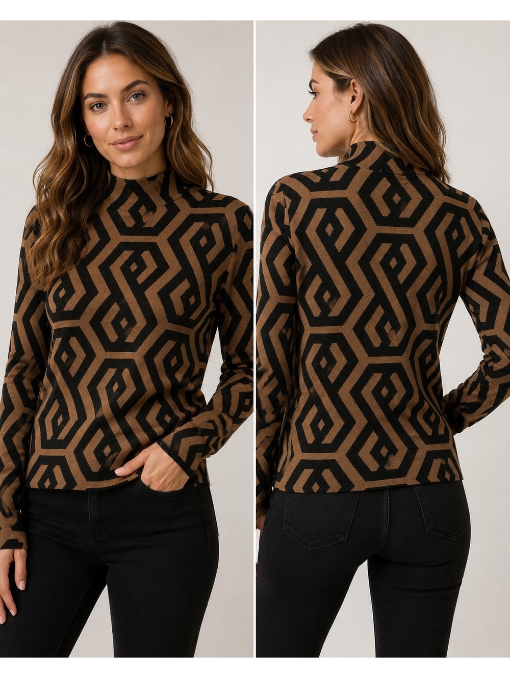 Zoe and Claire Women’s Small Geometric Mock Neck Sweater Brown Black Retro